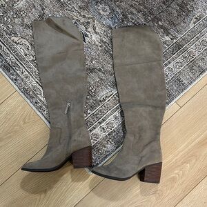Women's Taupe Suede Knee-High Block Heel Boots